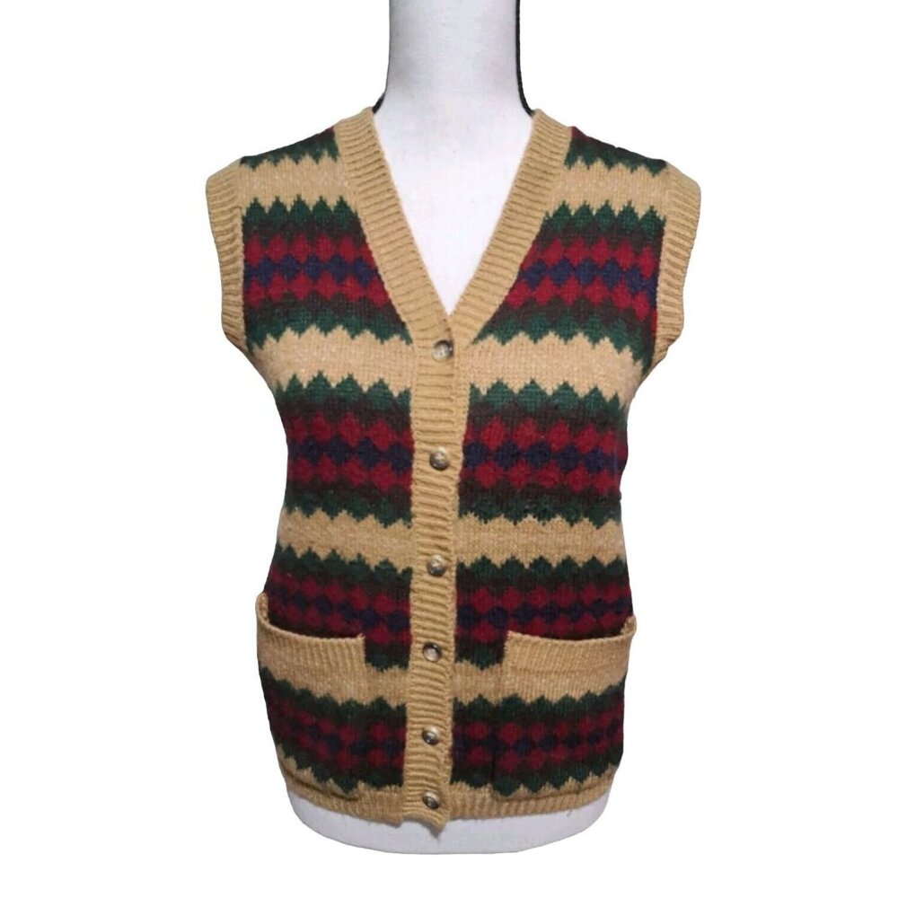 Donnkenny DK Gold Button Up Sweater Vest Tan Red Green Diamond Pattern SZ Small